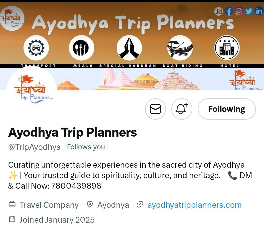 SujeetM30703680's tweet photo. "🚀 Ayodhya Trip Planners is now on Twitter! 🌍✨ Stay updated with exclusive travel insights &amp; divine experiences. 🙏💫

Follow now 👉 [@TripAyodhya]

#AyodhyaTripPlanners #FollowForMore #Ayodhya #followmore #follow #tourism #India #Twitter #Trending #SupportLocal #tour https://t.co/vACaF1uiJc