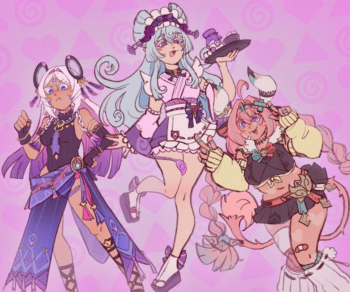 sqwidart's tweet photo. hoyo feeding me with 3 pinky pastel girls in a row #Varesa #YumemizukiMizuki #mizuki #Citlali https://t.co/pylWVRO9vA