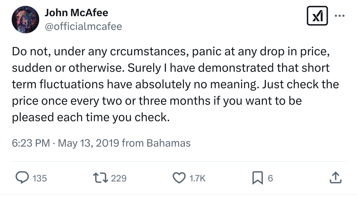 McAfeeMemorial's tweet photo. #mcafeearchive 644

Bet many of you wish you heeded John McAfee’s advice back in 2019… https://t.co/WCF2ZbCkT8