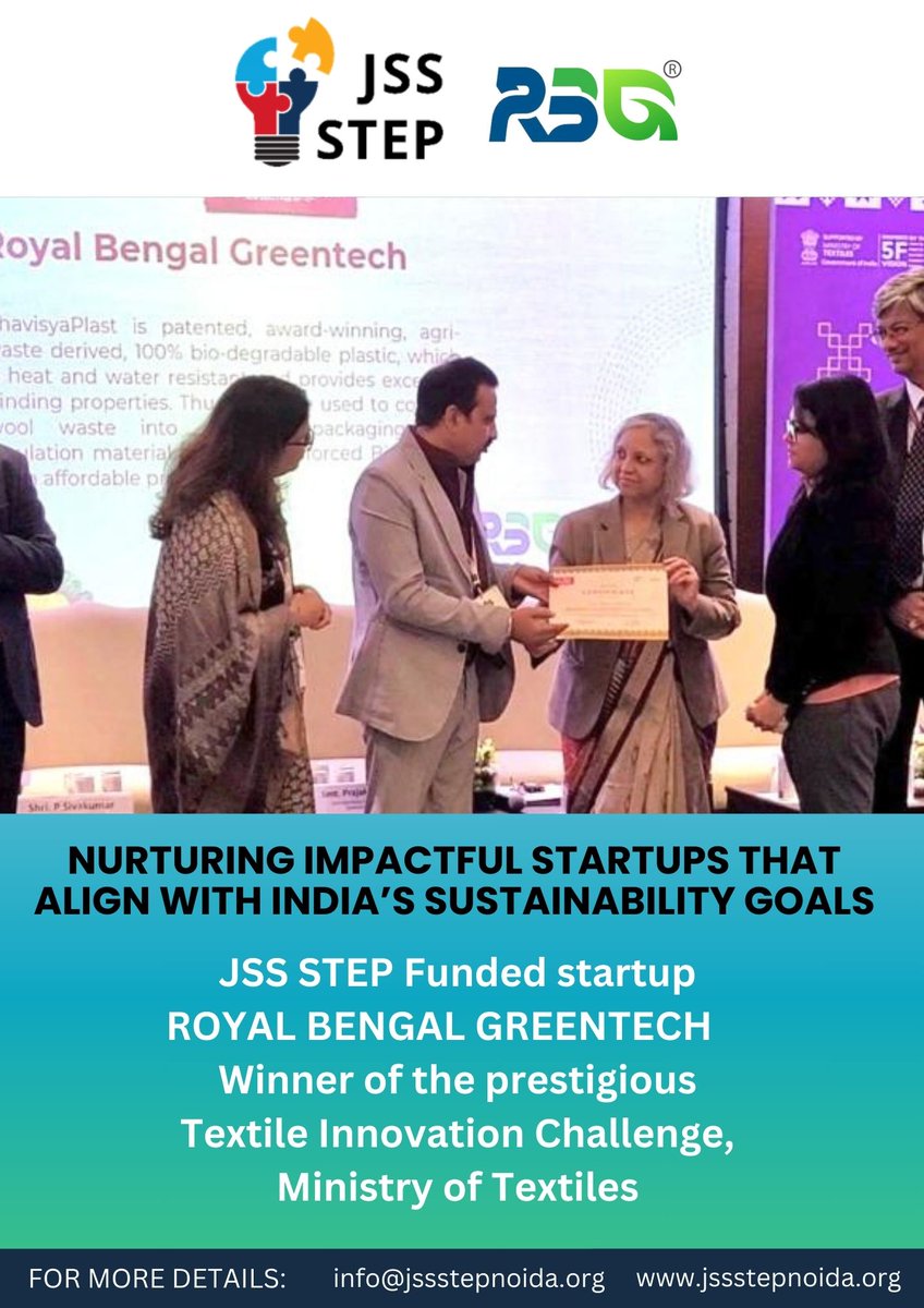 NoidaStep's tweet photo. SS STEP Incubator Congratulates Royal Bengal Greentech Private Limited on Winning the Textile Innovation Challenge at #BharatTex2025! https://t.co/c0l0ql649S