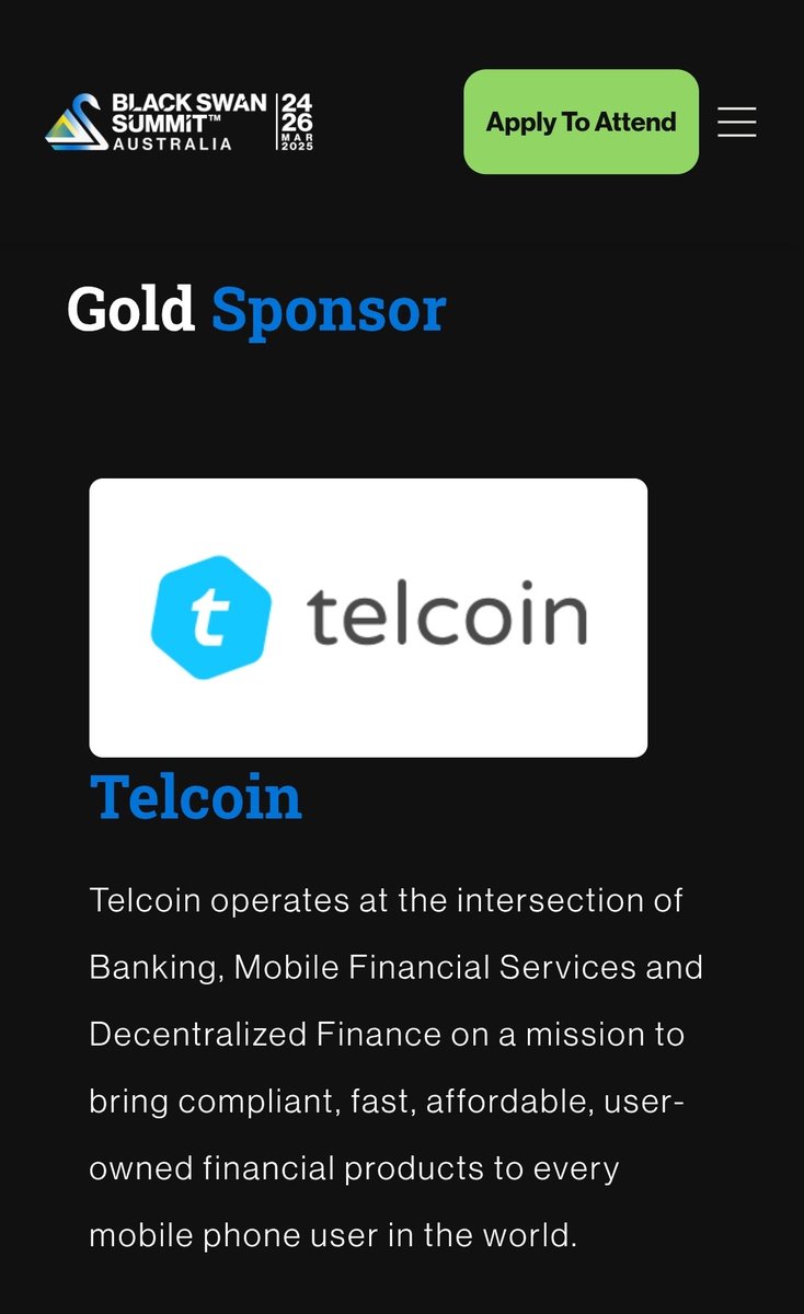 TELCOIN IS A GOLD SPONSOR AT THE BLACK SWAN SUMMIT IN AUSTRALIA 🇦🇺  24-26 MARCH !

WHAT GOOD BE COOKING DOWN UNDER? WHY IS CRYPTO'S WHITE SWAN 🦢 AT THE BLACKSWAN SUMMIT? WILL THERE BE AN ANNOUCEMENT?

MAYBE BIG REMITTANCE CORRIDOR OR AUSSIE BANK 🤔

$TEL THE 🌎 ABOUT TELCOIN !