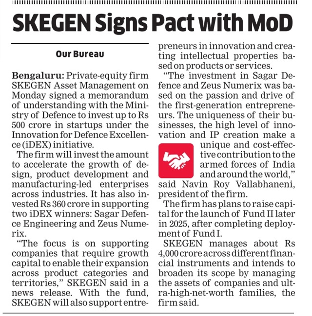 SheelaPanicker's tweet photo. #SKEGEN Asset Management LLP, a PE fund manager has signed an MoU with iDEX India (Innovation for Defence Excellence) committed ₹360 Crores in 2 iDEX winners, #SagarDefenceEngineering & #ZeusNumerix Earmarked ~ ₹500 crores to back the defence sector in India. https://t.co/a6cH2T8mH8