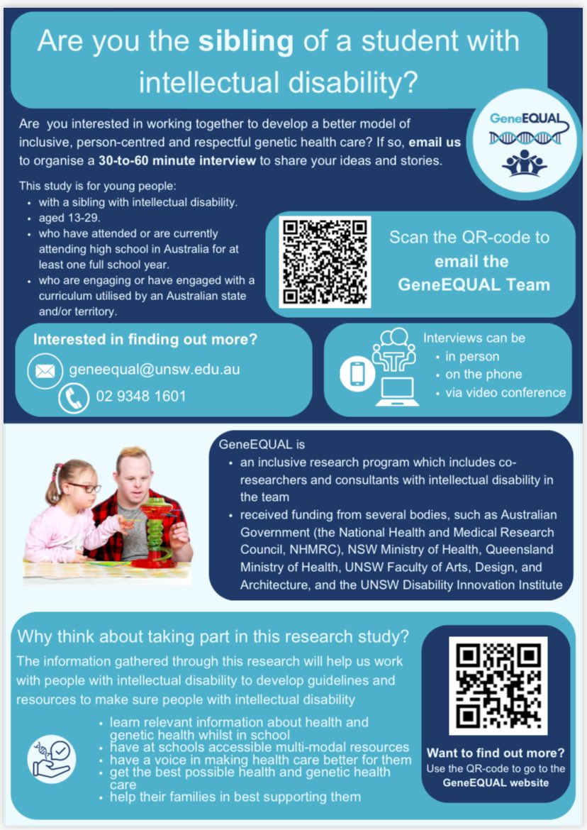 GeneEQUAL (@geneequal) on Twitter photo ๐จ New study alert! We want to speak with siblings of young people with intellectual disability about their siblingโs experience of #health & #genetics in high school. More information about this important study in the image. Please share! <a href="/NSWHealth/">NSW Health</a> <a href="/RACGPPresident/">Royal Australian College of GPs (RACGP) President</a> <a href="/ASID_Ltd/">ASID_Ltd</a> ๐จ New study alert! We want to speak with siblings of young people with intellectual disability about their siblingโs experience of #health & #genetics in high school. More information about this important study in the image. Please share! <a href="/NSWHealth/">NSW Health</a> <a href="/RACGPPresident/">Royal Australian College of GPs (RACGP) President</a> <a href="/ASID_Ltd/">ASID_Ltd</a>