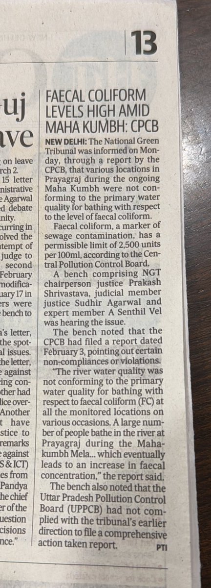 bksing's tweet photo. Shocking to see this report tucked in page 13 of HT today. Is rush to Kumbh worth? Dharm &amp; Astha apart is it worth risking lives for a dip in water so polluted? 
I sincerely request  rethink #Mahakumbh
#trainaccident #NGT @htTweets @PTI_News @DainikBhaskar @IndianExpress https://t.co/sofDyMGZSO