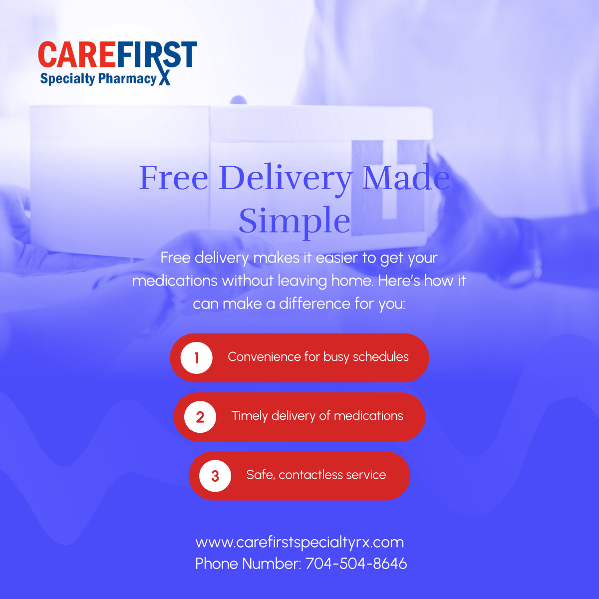 CareFirstRx's tweet photo. Let us bring your medications directly to you! CareFirst Specialty Pharmacy offers free delivery for your convenience, ensuring you have everything you need without stepping out. Get in touch with us to learn more! 

#CharlotteNC #RetailPharmacy #FreeDelivery #Convenience https://t.co/d426hlKWbt