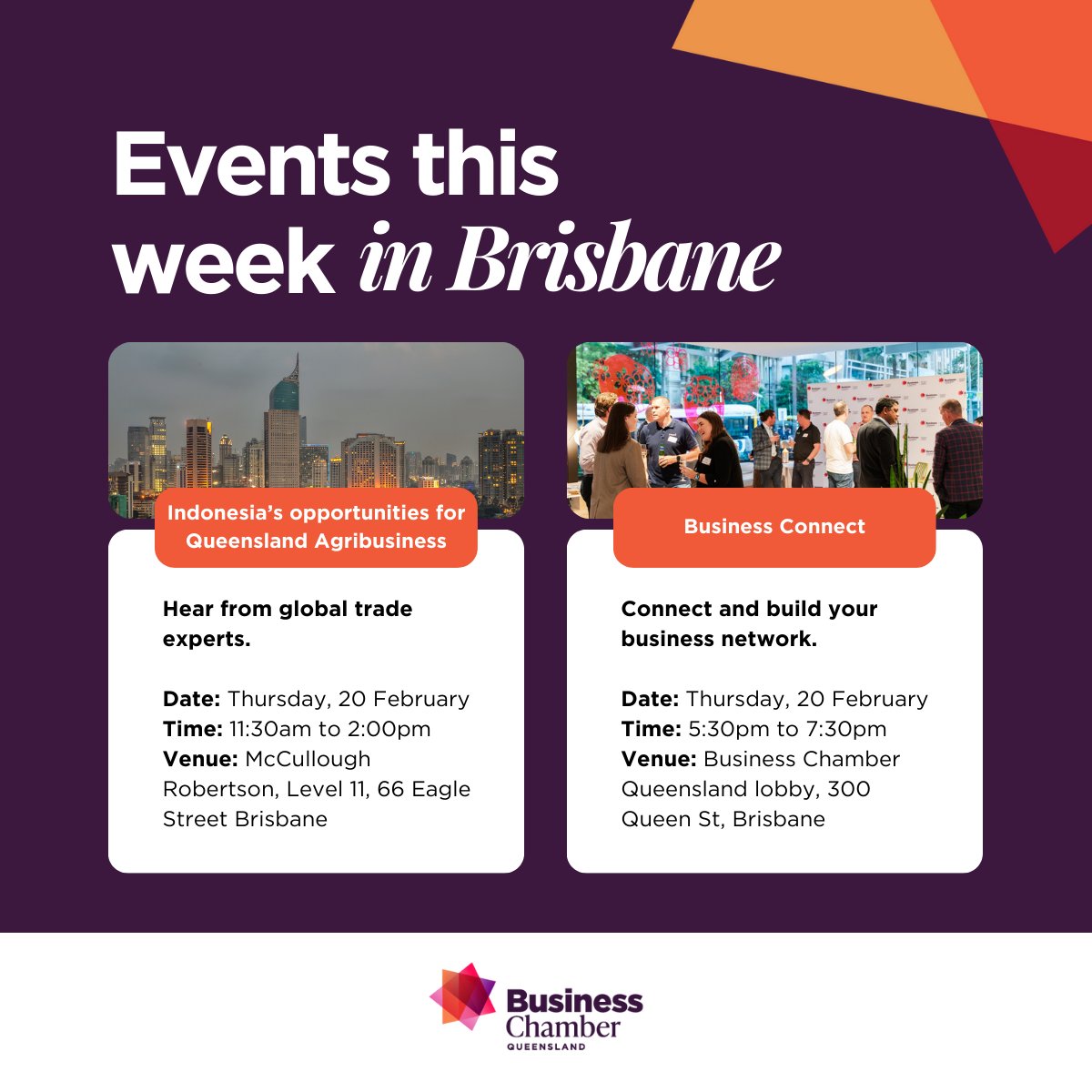 It's your last chance to book for upcoming events in Brisbane this week. 

Join us to unlock exciting agribusiness trade opportunities or connect with other local business leaders and build your network.

Visit our events page to find out more: businesschamberqld.com.au/Events/