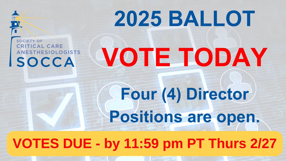 Ballots for the 2025-26 through 2027-28 Directors of the Board are due by Thurs, Feb 27th. SOCCA Members in the Active membership category - check your e-mail for the voting link or contact the office for assistance.