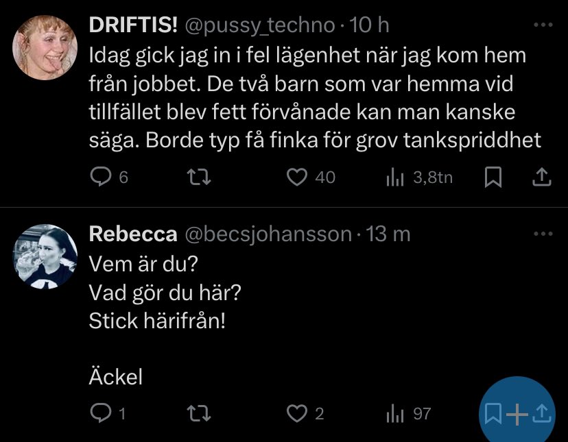 Hör dessa tweets ihop? 🧐
<a href="/pussy_techno/">DRIFTIS!</a> 
<a href="/becsjohansson/">Rebecca</a>
