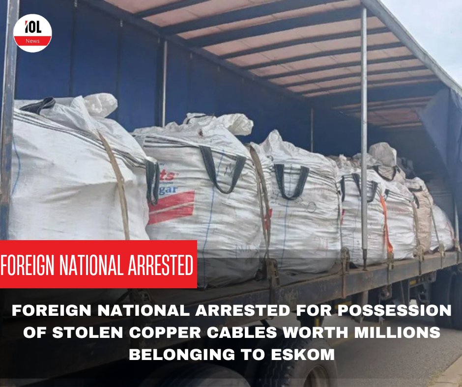 IOL's tweet photo. A foreign national truck driver was arrested for allegedly having stolen copper cables belonging to Eskom.
#news #crime #eskom #theft #robbery #coppercables
Read on https://t.co/CUnypDckId https://t.co/JhTPeKtOto