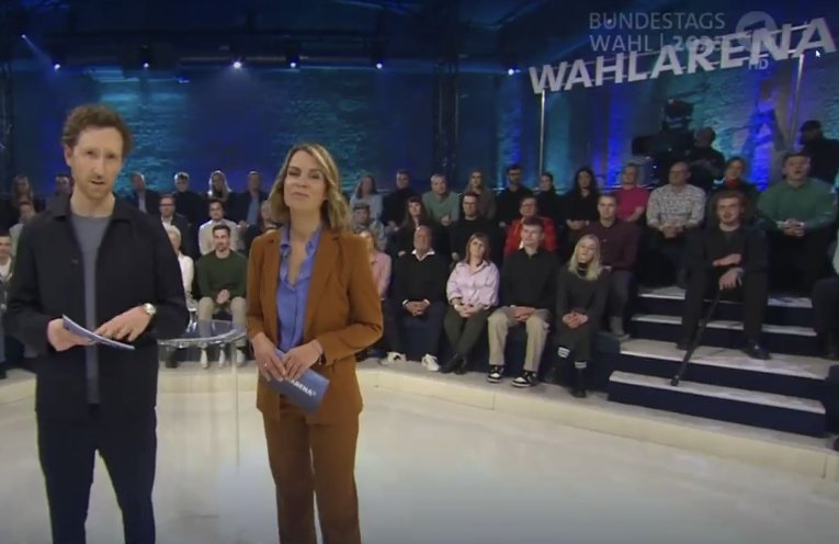 Du bist in der ARD Wahlarena mit ganz zufällig ausgewählten Gästen gelandet, wenn:
- eine Ärztin sich sorgt, weil so viele Patienten mit 'Klimaproblemen' kommen 
- eine junge Linke mehr Psycho-Betreuer für potenzielle "Attentäter*innen" fordert
- ein junger homosexueller Grüner