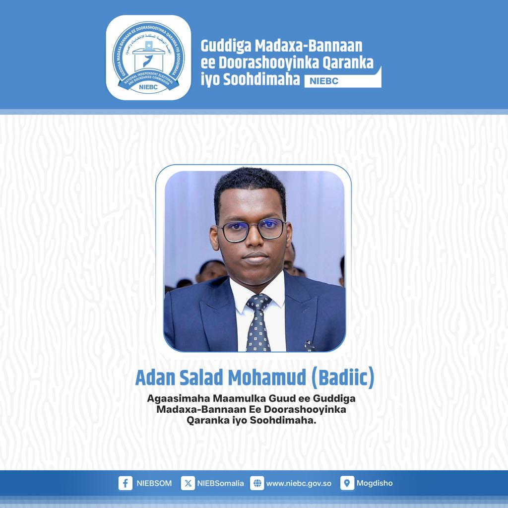 Adan Salad Mohamud - Badiic (@aadambadiic) on Twitter photo I am deeply humbled and honored to be appointed as the DG for Administration at <a href="/NIEBCSomalia/">NIEBC Somalia 🇸🇴</a>. This role is not just a responsibility but a privilege—to contribute to strengthening democracy in Somalia by advancing the vision of 1P1V through universal suffrage.
1/2 I am deeply humbled and honored to be appointed as the DG for Administration at <a href="/NIEBCSomalia/">NIEBC Somalia 🇸🇴</a>. This role is not just a responsibility but a privilege—to contribute to strengthening democracy in Somalia by advancing the vision of 1P1V through universal suffrage.
1/2