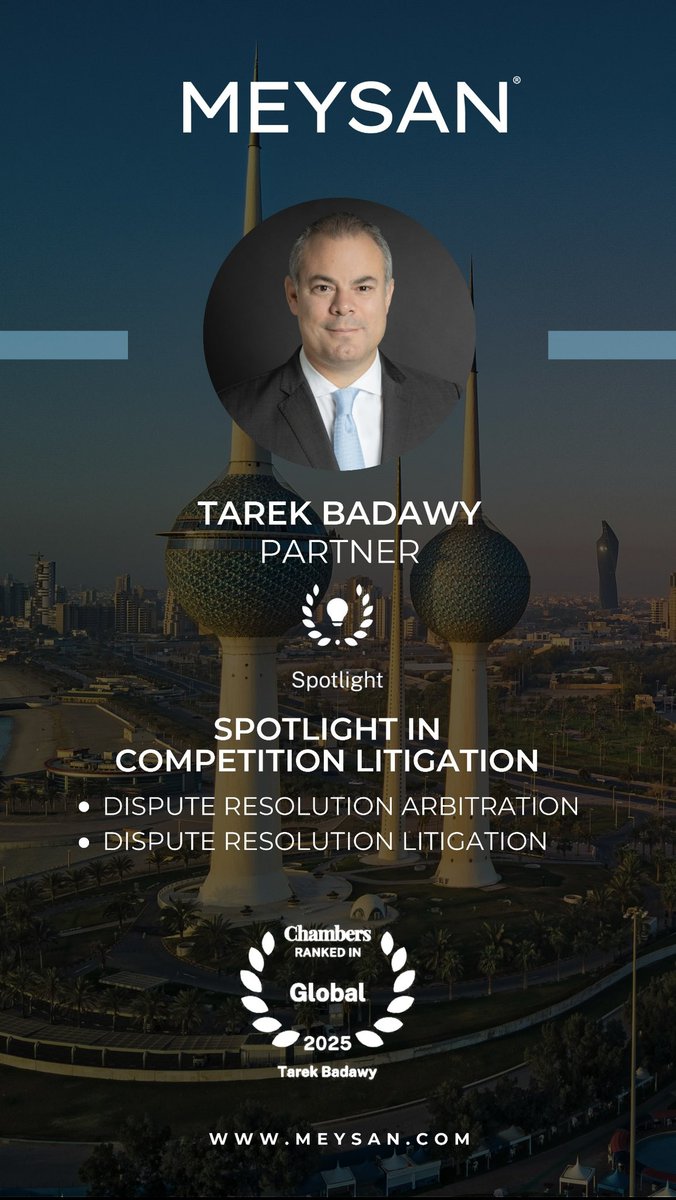 MeysanPartners's tweet photo. Meysan has once again been distinguished in the Chambers & Partners 2025 rankings, reinforcing its standing as a premier law firm in the region. Partner Tarek Badawy secured the Spotlight position in Competition Litigation for the second consecutive year. He also maintained his Band 2 recognition in both Dispute Resolution, Arbitration and Dispute Resolution, Litigation categories, making him one of only two Egypt-based lawyers to be recognized in all Dispute Resolution categories for counsel work. Tarek’s strategic and practical approach continues to assist clients in navigating legal challenges while empowering the firm’s Competition and Dispute Resolution practices.

#Meysan #Spotlight #Competition #KuwaitLawFirm #DisputeResolution #LegalExcellence