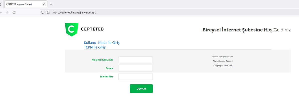 💢Potential Phishing URL: hxxps[://]cebimtebliavantajlar[.]vercel[.]app/
📌Target Domain URL: hxxps[://]www[.]cepteteb[.]com[.]tr/
#phishing #turkeyphishing #tebphishing <a href="/urldna/">urlDNA.io</a> <a href="/urlscanio/">urlscan.io</a> <a href="/PhishKitTracker/">PhishingKitTracker</a> <a href="/PhishStats/">Phish.Stats</a> <a href="/PhishFindR/">PhishFindR</a> <a href="/Sync_Pundit/">Sync_Pundit 👽😎🔱🔥</a> <a href="/CatcherPhishing/">Phishing Catcher</a> <a href="/tdatwja/">misaki</a>