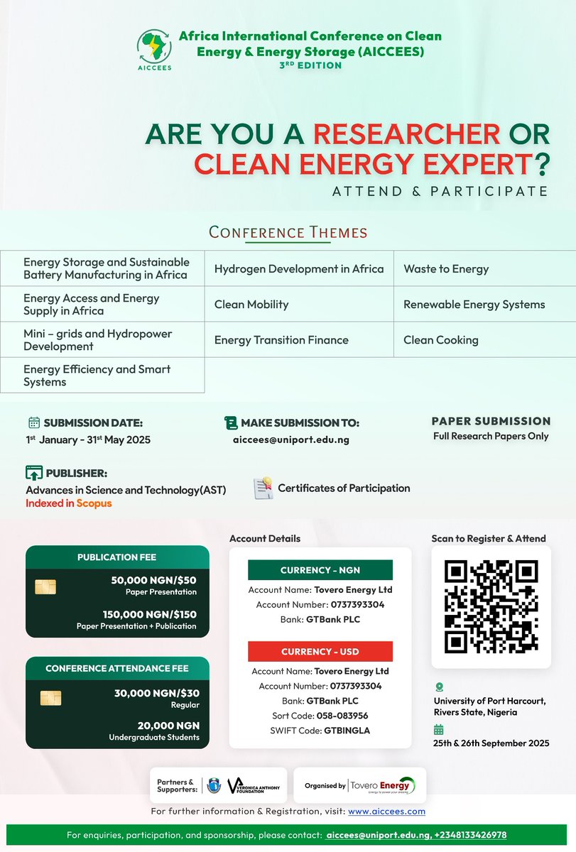 The 3rd Edition of the Africa International Conference on Clean Energy and Energy Storage (AICCEES 2025) is here!

🚀 Researchers &amp; Clean Energy Experts, Don’t Miss This! 

🔗 Register: aiccees.com
#AICCEES2025 #CleanEnergy #Sustainability #ResearchInnovation