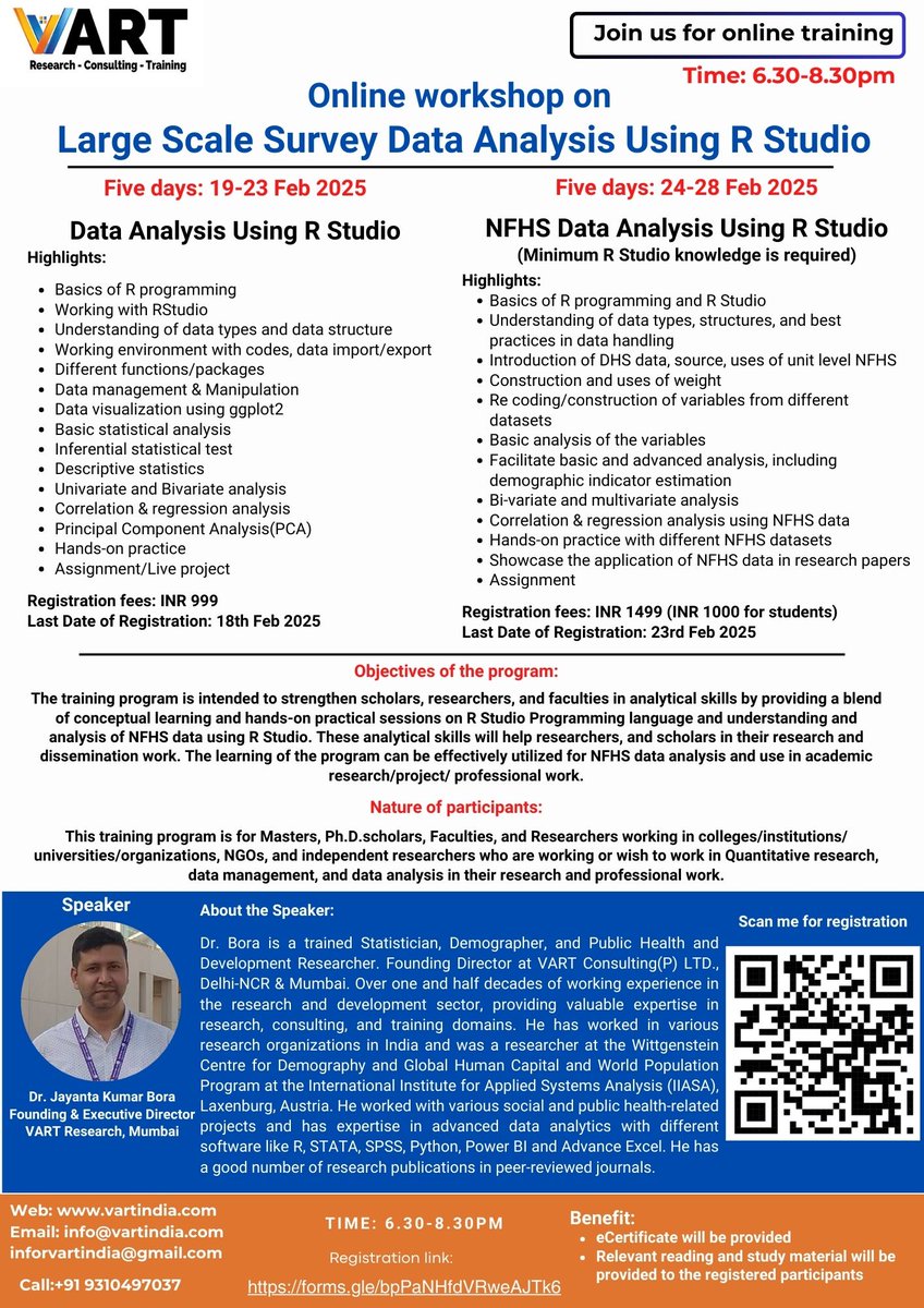 🌟 Workshop Alert! 🌟

VART  Research is delighted to announce an Online Capacity-Building Training  Program on: "Large-Scale Survey Data Analysis Using R Studio"

🕒 Time: 6:30 PM – 8:30 PM
📌 Registration Link: forms.gle/bpPaNHfdVRweAJ…