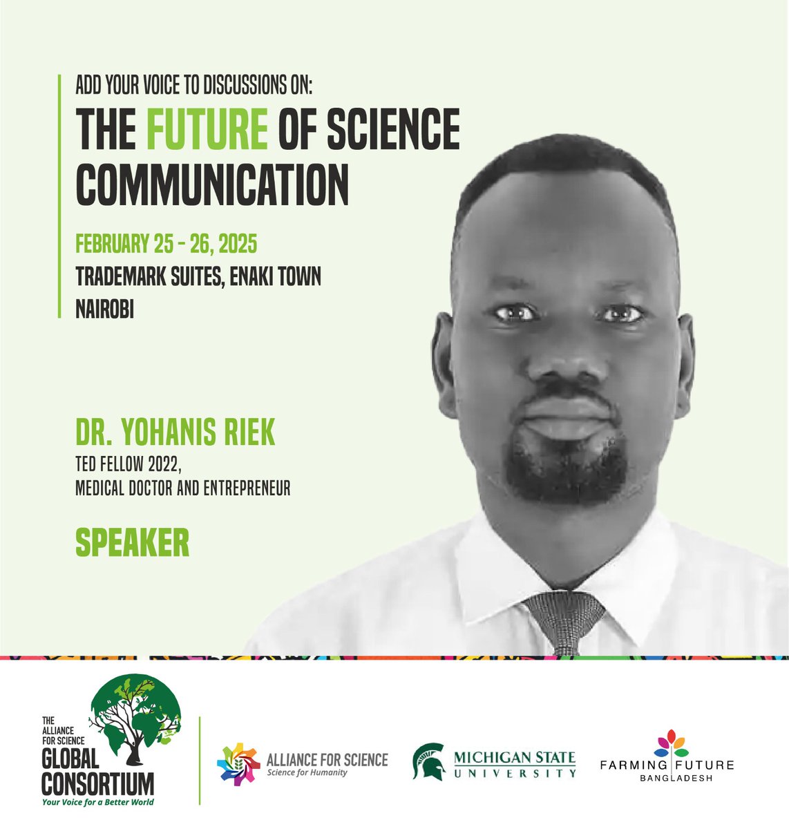 Alliance for Science (@scienceally) on Twitter photo Join Dr. Yohanis Riek and global experts as we explore the Future of Science Communication on February 25-26, 2025, at Trademark Suites, Enaki Town. #FutureOfScienceCommunication #Innovation
<a href="/SheilaAfrica/">Dr. Sheila Obim (formerly Ochugboju)</a> <a href="/mqhlay/">Muganda Clay</a> <a href="/TunjiLardner/">Tunji Lardner</a> Join Dr. Yohanis Riek and global experts as we explore the Future of Science Communication on February 25-26, 2025, at Trademark Suites, Enaki Town. #FutureOfScienceCommunication #Innovation
<a href="/SheilaAfrica/">Dr. Sheila Obim (formerly Ochugboju)</a> <a href="/mqhlay/">Muganda Clay</a> <a href="/TunjiLardner/">Tunji Lardner</a>