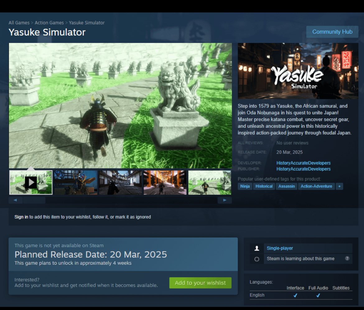 Yasuke Simulator, a direct ACShadows Competition Release on Date 20 Mar 2025

😭