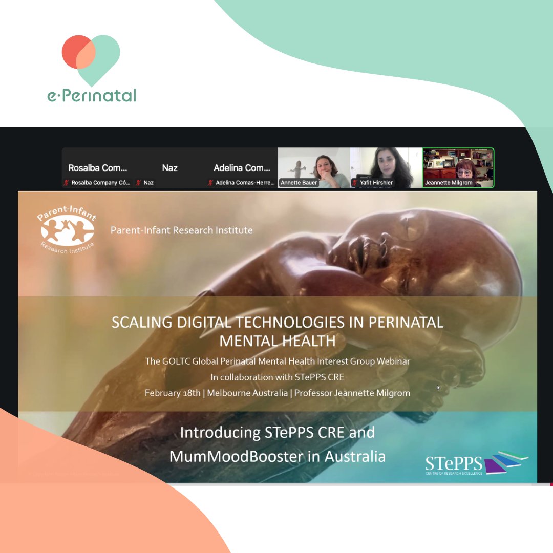 The e-perinatal team joined today's webinar on scaling digital tech in perinatal mental health, with Dr. Annette Bauer &amp; Dr. Jeanette Milgrom. We’re excited to learn from these amazing researchers making a huge impact! 🙌💡 #PerinatalMentalHealth #DigitalHealth #Innovation