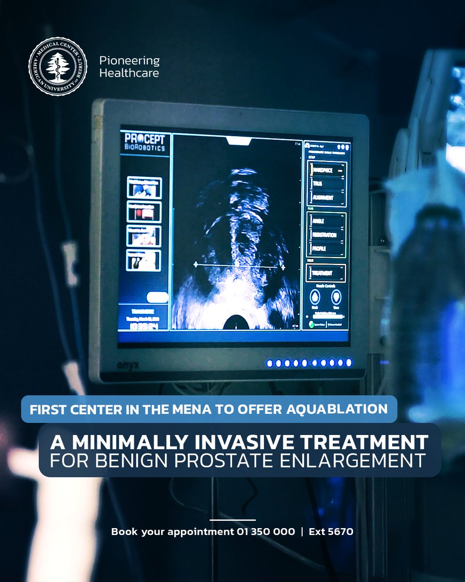 American University of Beirut Medical Center (@aubmc_official) on Twitter photo Discover the innovative Aquablation procedure at AUBMC, the only center in the MENA region to offer this minimally invasive treatment for benign prostate enlargement that preserves sexual function. For more information, 01 350 000 ext 5670 Urology clinics or robot@aub.edu.lb Discover the innovative Aquablation procedure at AUBMC, the only center in the MENA region to offer this minimally invasive treatment for benign prostate enlargement that preserves sexual function. For more information, 01 350 000 ext 5670 Urology clinics or robot@aub.edu.lb