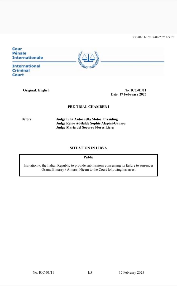 chamelons's tweet photo. Dopo la gravissima vicenda della mancata consegna di #Elmasry, i giudici della #ICC chiedono formalmente all'Italia di fornire spiegazioni entro un mese, prima di determinare se c'è stata violazione obblighi cooperazione.
Di certo il procedimento su torture in #Libia compromesso https://t.co/qE16ZFQo48