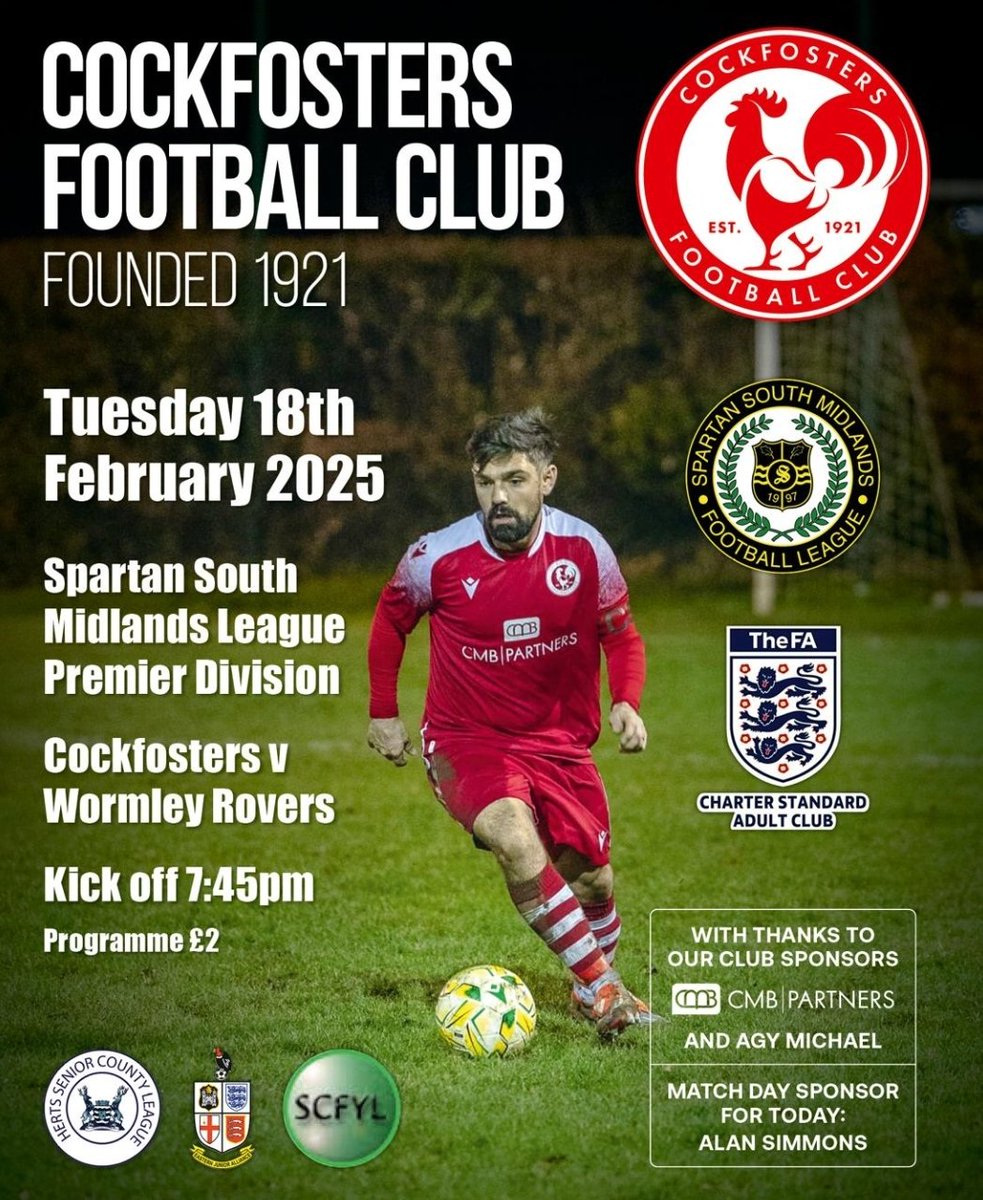 It's match day, and we host <a href="/WormleyRoversFC/">Wormley Rovers FC</a>, 7.45 ko.
Not one to miss. So, wrap up and get over to Chalk Lane this evening. 
Remember, anybody under 18 pays nothing to gain entry. Correct FOC. 
Up The Cocks 🐓