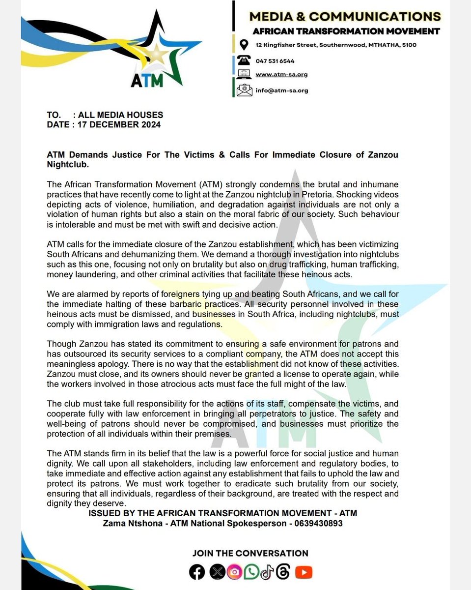 [READ] 

ATM Demands Justice For The Victims &amp; Calls For Immediate Closure of Zanzou Nightclub. 

#ZanzouNightclub