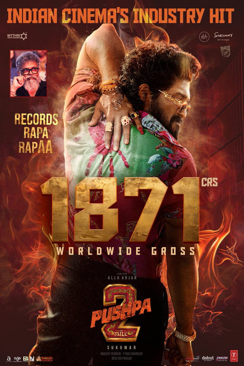 MythriOfficial's tweet photo. Shattering many records and creating new records, #Pushpa2TheRule stands tall as INDIAN CINEMA'S INDUSTRY HIT ❤️‍🔥

#Pushpa2TheRule grosses 1871 CRORES WORLDWIDE  💥💥

RECORDS RAPA RAPAA 🔥

#Pushpa2
#WildFirePushpa
Icon Star @alluarjun @iamRashmika @aryasukku #FahadhFaasil @ThisIsDSP @resulp @NavinNooli @SukumarWritings @MythriOfficial @AAFilmsIndia @Ags_production @E4Emovies @NCinemasbly @MythriRelease @TSeries @Fanizm_Official @shreyasgroup @lifeindistrict