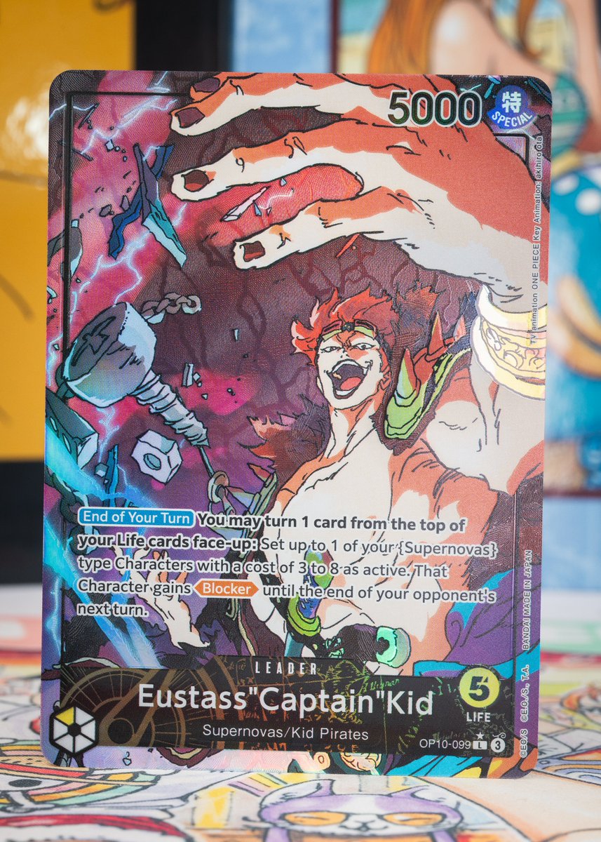 ONEPIECE_tcg_EN's tweet photo. OPCG BOOSTER PACK -ROYAL BLOOD- [OP-10] CARD REVEALS:
Hey One Piece Pirates!
For this reveal we have a new Yellow Leader card, Eustass “Captain” Kid!
Who will be using this Leader?
Release: March 21
Details: https://t.co/UiRRsIGhMm
#ONEPIECE
#onepiececardgame https://t.co/knEYnZbBWO