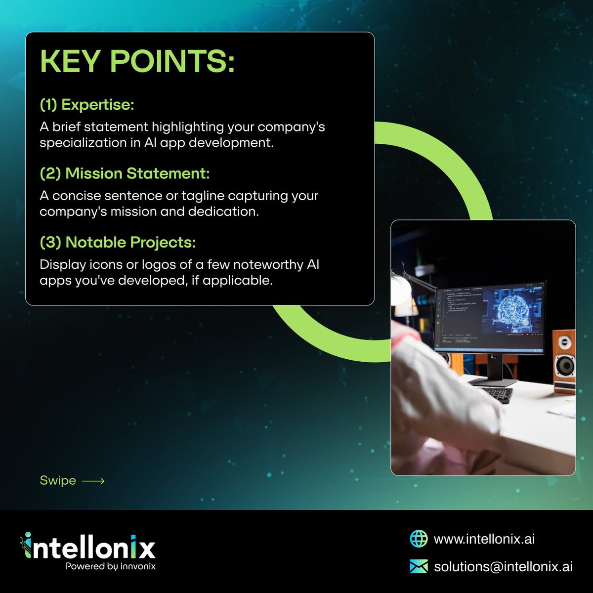intellonix_ai's tweet image. Transform your ideas into intelligent, AI-powered apps with the expertise of IntelloNix!

- Expertise in AI App Development
- Our mission: Crafting cutting-edge, intelligent applications
- See our notable projects &amp;amp; achievements

#AI #AppDevelopment #IntelligentApps #AIInnovation
