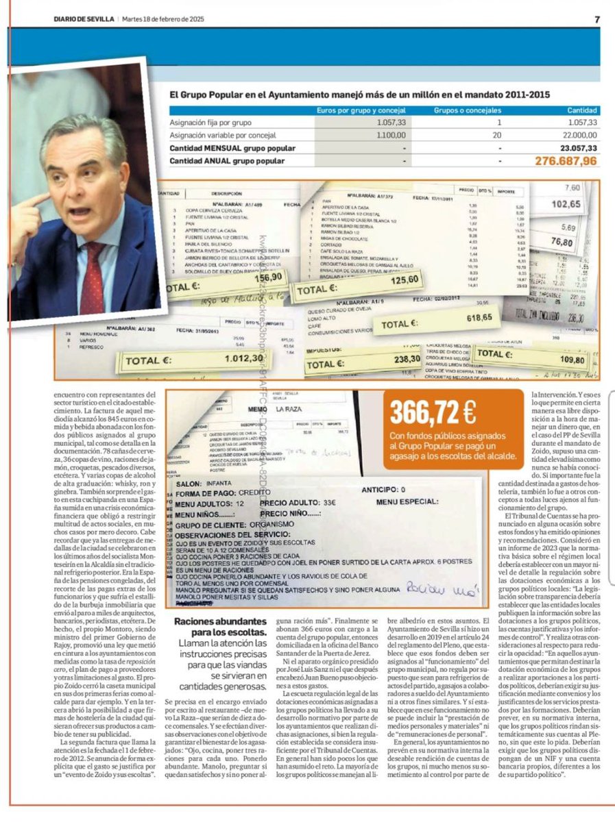 iusevillaciudad's tweet photo. Es una vergüenza que, en plena crisis económica, el PP despilfarrara más de 1 millón de euros de dinero público en comidas y copas. Mientras miles de familias sevillanas sufrían, ellos se reunían con ‘raciones abundantes’. ¡El derroche no tiene justificación! https://t.co/hpYAoouxXE