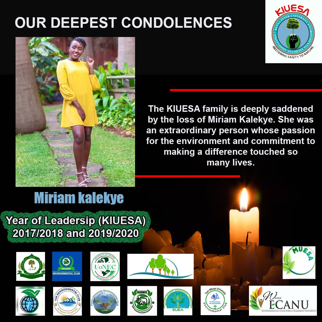 Environmental Students Association🇰🇪 (@k_iuesa) on Twitter photo The KIUESA fraternity is sending its deepest condolences to Miriam's family during this difficult time. May they continue finding strength and comfort during this difficult season. 💔 #InOurThoughts <a href="/_UoNEC/">UoN Environment Club</a> <a href="/kunec250/">KU ENVIRONMENT CLUB</a> <a href="/Tuk_Environ/">TECHNICAL UNIVERSITY OF KENYA ENVIRONMENTAL CLUB</a> <a href="/EnvClubPwani/">Environment club pwani University</a> <a href="/Dekut_WEC/">DeKUT Wildlife and Environmental Club</a> The KIUESA fraternity is sending its deepest condolences to Miriam's family during this difficult time. May they continue finding strength and comfort during this difficult season. 💔 #InOurThoughts <a href="/_UoNEC/">UoN Environment Club</a> <a href="/kunec250/">KU ENVIRONMENT CLUB</a> <a href="/Tuk_Environ/">TECHNICAL UNIVERSITY OF KENYA ENVIRONMENTAL CLUB</a> <a href="/EnvClubPwani/">Environment club pwani University</a> <a href="/Dekut_WEC/">DeKUT Wildlife and Environmental Club</a>