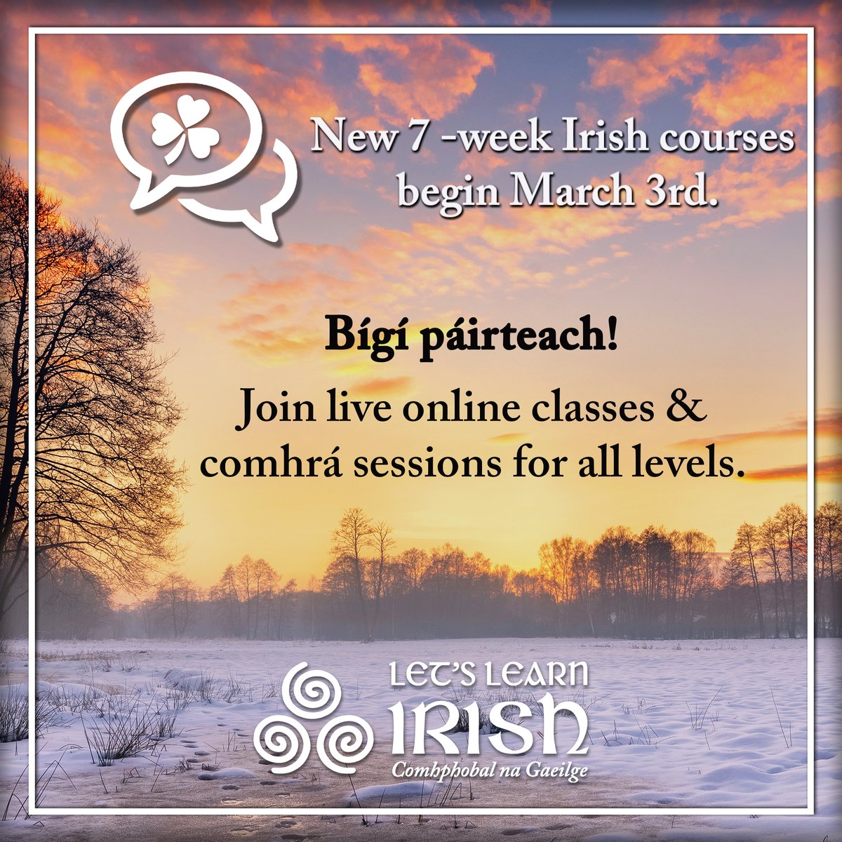 LetsLearnIrish's tweet image. Tá ríméad orainn a fhógairt go mbeidh cúrsaí Gaeilge nua ag tosú ar an tríú lá de Mhárta - bígí linn, más féidir! ☘️ 

We are delighted to announce that new Irish courses will begin on March 3rd - join us if you can! ☘️ 

See LetsLearnIrish.com/cursai/

#Gaeilge #LearningIrish
