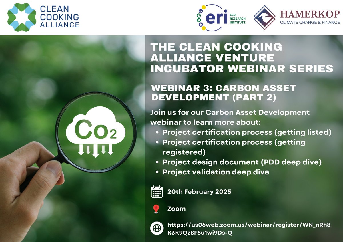 📌The Clean Cooking Alliance, in collaboration with <a href="/EED_Research/">EED Research Institute (ERI)</a> Institute and Hamerkop, invites you to attend Part 2 of the Carbon Asset Development Webinar to be held on 20/02/2025. To register, go to us06web.zoom.us/webinar/regist….

#CarbonMarkets #CleanCooking #EEDResearchInstitute
