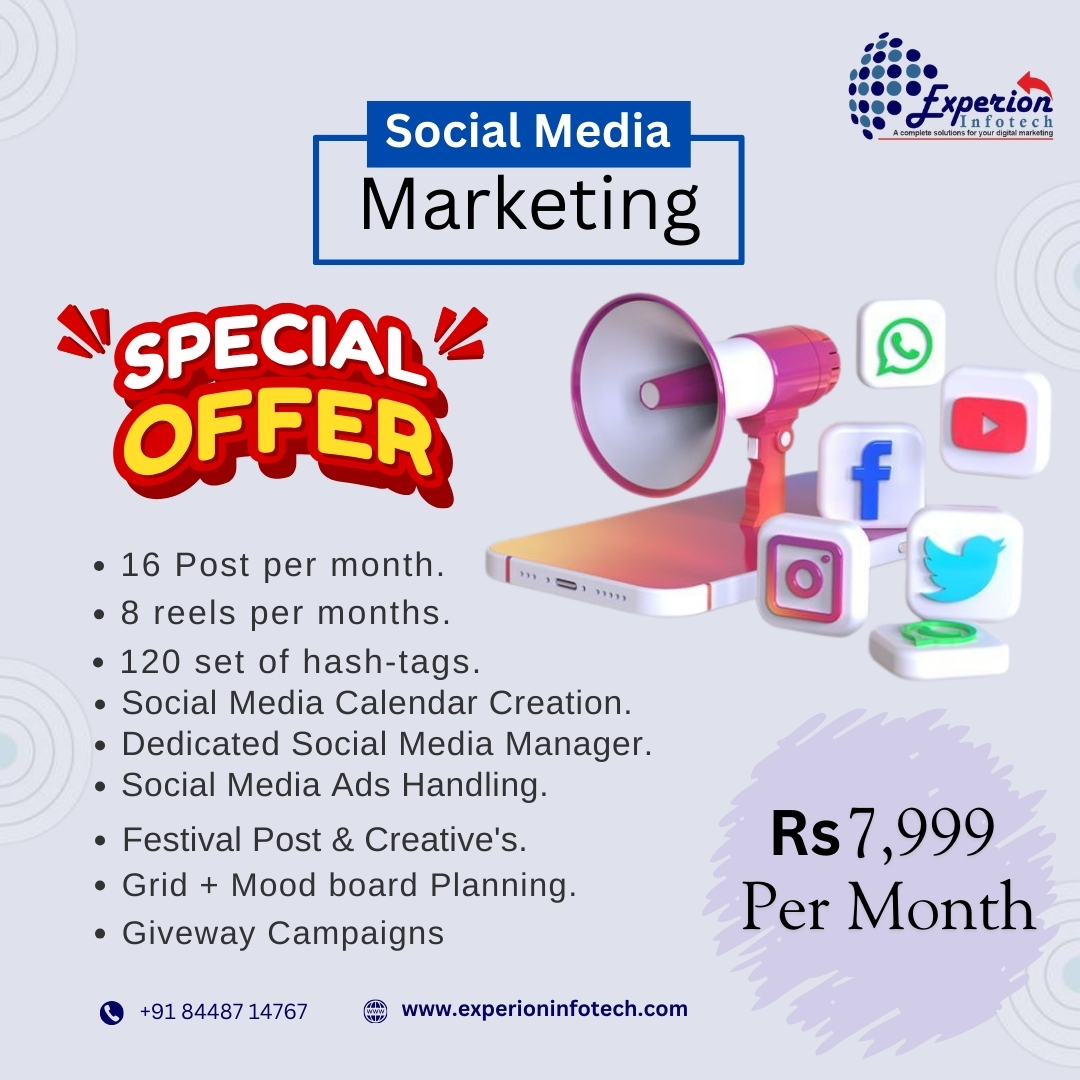 🚀 Boost Your Brand with Social Media! 📱
✨ Get 16 posts, 8 reels, ads handling, a dedicated manager, and more—all for just ₹7,999/month! 🎯

Don’t miss out on this special offer to grow your business online. DM us now! 📩

#SocialMediaMarketing #GrowYourBrand #ExperionInfotech