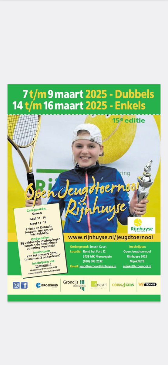 In maart organiseren we een tennistoernooi voor de jeugd. 
Weekend 7-9 maart is het dubbeltoernooi
Weekend 14-16 maart is het enkeltoernooi. Inschrijven kan nu. 
#rijnhuyse #nieuwegein #tennis #toernooi #jeugd
