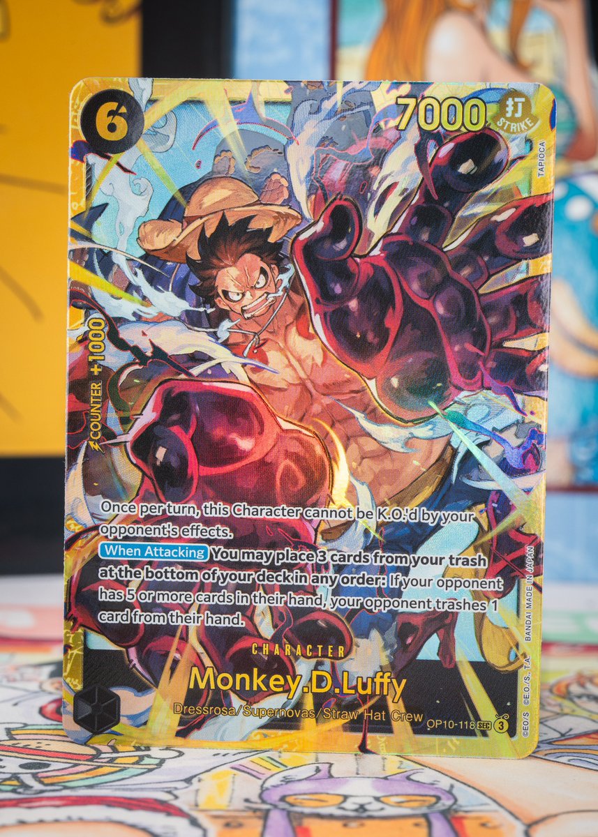 OPCG BOOSTER PACK -ROYAL BLOOD- [OP-10] CARD REVEALS: Reveals continue!  This time it's an SEC rarity card OP10-118 Monkey.D.Luffy! A great addition  to a Yellow deck or even simply to collect! Release: