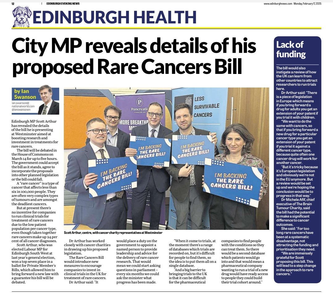 Dr Scott Arthur MP (Edinburgh South West) 🌍🌈🌹 (@drscottarthurmp) on Twitter photo It's fantastic to have <a href="/PancreaticCanUK/">Pancreatic Cancer UK</a>, <a href="/BrainTumourOrg/">The Brain Tumour Charity</a> and <a href="/braintumourrsch/">Brain Tumour Research</a> all helping to shape my Private Member's Bill on rare cancers.
The vote is on the 14th of March.
Evening News article- edinburghnews.scotsman.com/news/edinburgh… It's fantastic to have <a href="/PancreaticCanUK/">Pancreatic Cancer UK</a>, <a href="/BrainTumourOrg/">The Brain Tumour Charity</a> and <a href="/braintumourrsch/">Brain Tumour Research</a> all helping to shape my Private Member's Bill on rare cancers.
The vote is on the 14th of March.
Evening News article- edinburghnews.scotsman.com/news/edinburgh…