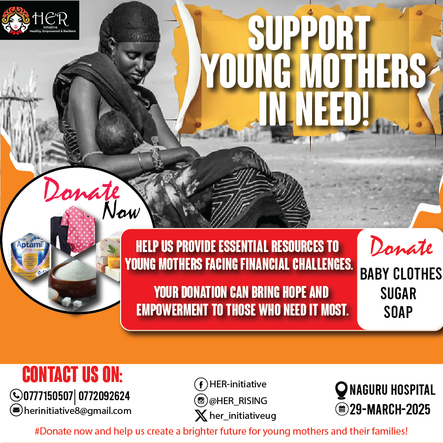 HER Initiative (Rising Roses) (@her_rising) on Twitter photo 🌟 Support Young Mothers in Need! 🌟
Join us in making a difference! 📢We’re organizing a donation drive to support young mothers at Naguru Hospital on March 29th.
📍 Your kindness will bring hope & comfort to her & her little through essentials like baby clothes, soap & sugar. 🌟 Support Young Mothers in Need! 🌟
Join us in making a difference! 📢We’re organizing a donation drive to support young mothers at Naguru Hospital on March 29th.
📍 Your kindness will bring hope & comfort to her & her little through essentials like baby clothes, soap & sugar.