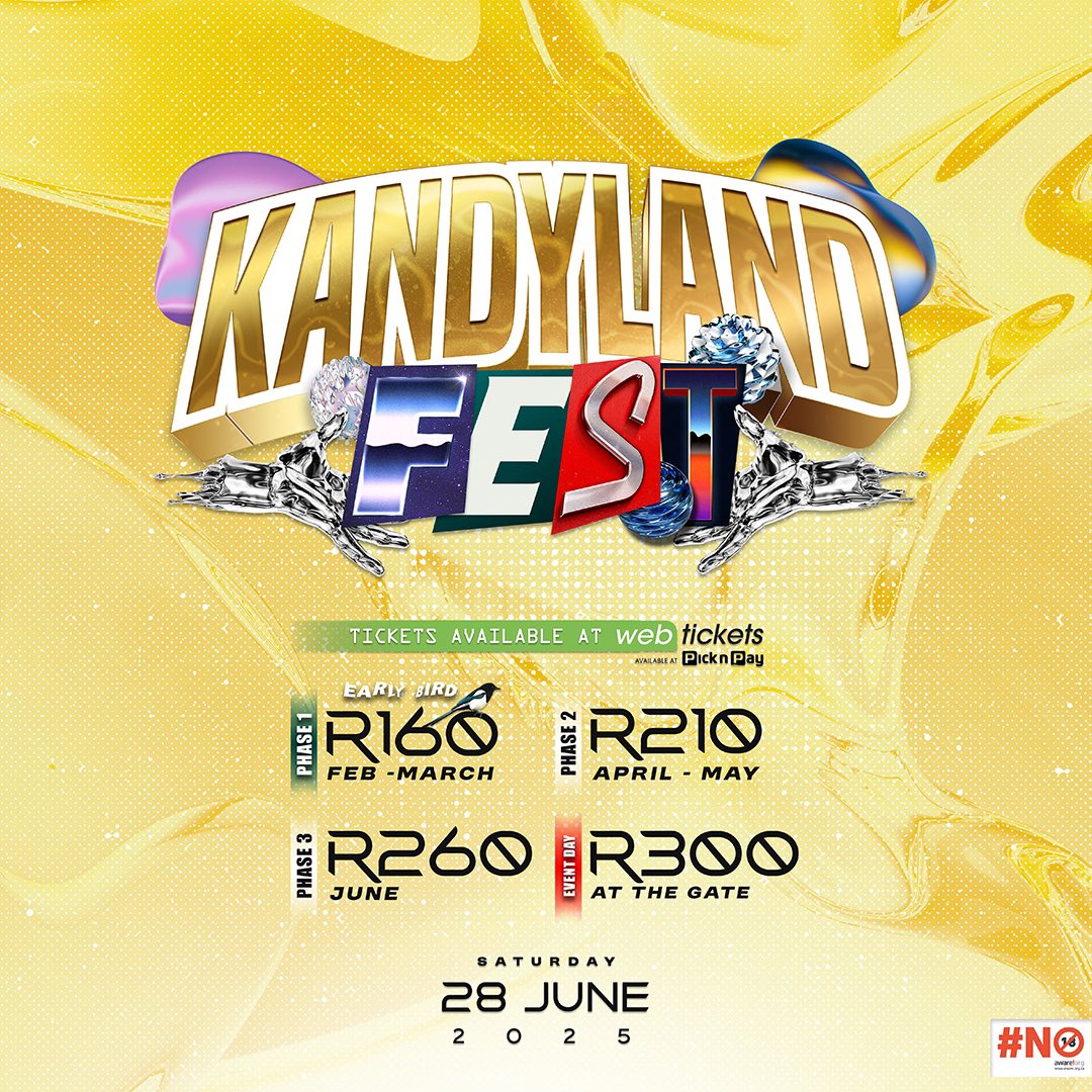 KandyLand Fest 2025 💥

Early Bird Tickets ( Phase 1 ) - R160

🗓️ : 28 June, Saturday 2025

📍 : Emerald Resort &amp; Casino 

Tickets available from <a href="/webtickets/">webtickets</a> or any @picknpay 

Link on bio - webtickets.co.za/event.aspx?ite…

The land of milk and honey🍯

See you there!

#KandyLandFest25