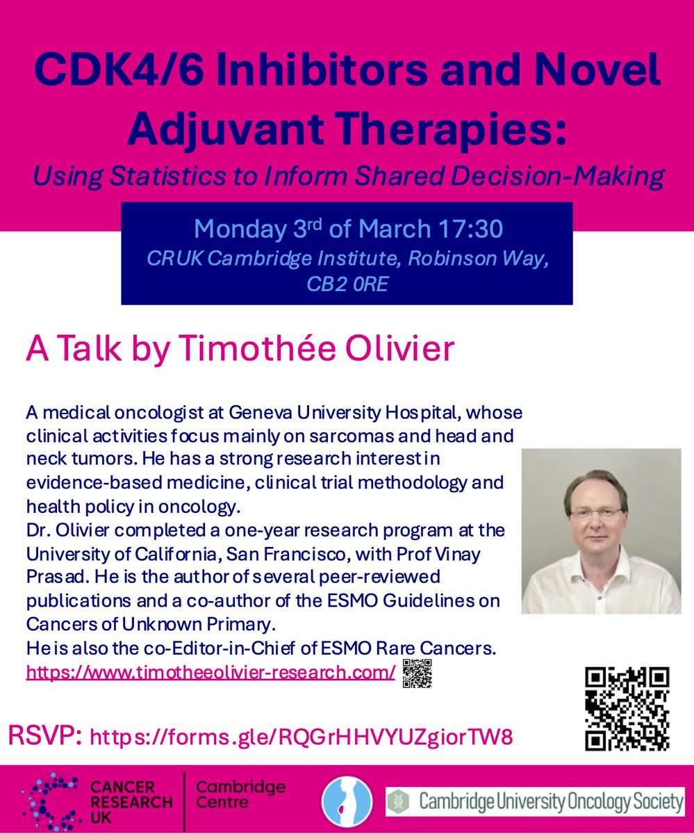 Henno Martin (@hennomartin) on Twitter photo We are delighted to welcome <a href="/Timothee_MD/">Timothée Olivier, MD</a> from <a href="/vkprasadlab/">VKPrasadLab</a> to the <a href="/CRUK_CI/">CRUK Cambridge Institute</a> on 3/3/25 at 17:30 to speak about CDK4/6 Inhibitors and Novel Adjuvant Therapies:
Using Statistics to Inform Shared Decision-Making, hosted by <a href="/CRUKCamBreast/">CRUK Cambridge Centre: Breast Cancer</a> and <a href="/CUOncSoc/">Cambridge University Oncology Society</a>. We are delighted to welcome <a href="/Timothee_MD/">Timothée Olivier, MD</a> from <a href="/vkprasadlab/">VKPrasadLab</a> to the <a href="/CRUK_CI/">CRUK Cambridge Institute</a> on 3/3/25 at 17:30 to speak about CDK4/6 Inhibitors and Novel Adjuvant Therapies:
Using Statistics to Inform Shared Decision-Making, hosted by <a href="/CRUKCamBreast/">CRUK Cambridge Centre: Breast Cancer</a> and <a href="/CUOncSoc/">Cambridge University Oncology Society</a>.