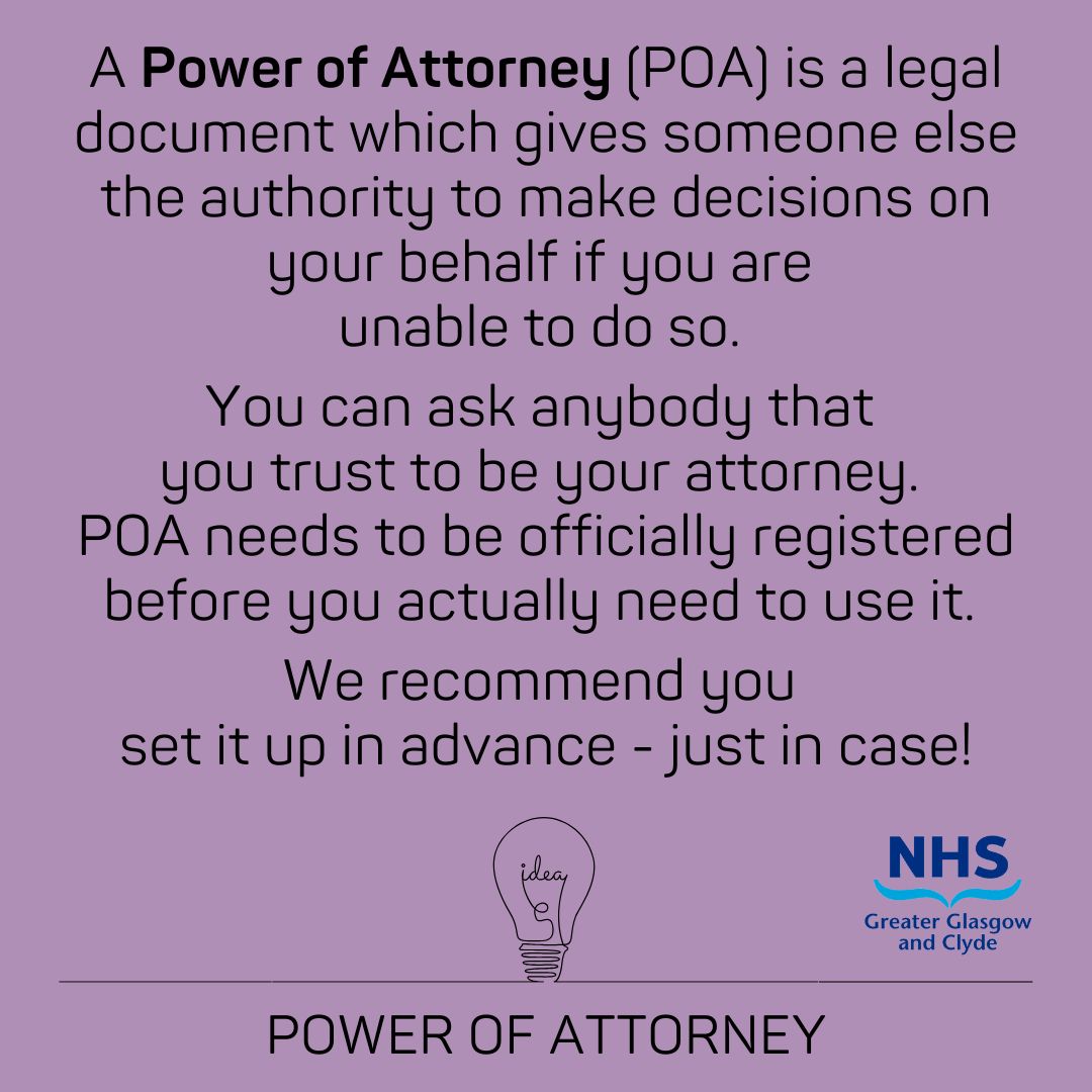 NHSGGC - Planning Your Care (@nhsggc_fcp) on Twitter photo You might think a #PoA is something you don’t need because you have relatives to speak up for you, but that’s not how it works by law ⚖
My Power of Attorney 👉 buff.ly/45Up80W
Office of Public Guardian 👉 buff.ly/3QkNFG9
<a href="/NHSGGC/">NHS Greater Glasgow and Clyde</a> <a href="/NHSGGCCarers/">NHSGGC Carers</a> You might think a #PoA is something you don’t need because you have relatives to speak up for you, but that’s not how it works by law ⚖
My Power of Attorney 👉 buff.ly/45Up80W
Office of Public Guardian 👉 buff.ly/3QkNFG9
<a href="/NHSGGC/">NHS Greater Glasgow and Clyde</a> <a href="/NHSGGCCarers/">NHSGGC Carers</a>