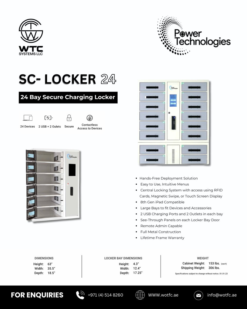 WTC_SYSTEMS_LLC's tweet image. Keep your devices safe, organized, and powered up with the SC-LOCKER 24, a 24-bay secure charging locker designed for modern convenience and reliable protection.

wotfc.ae

#WOTFC #wtcsystem #SecureCharging #DeviceLocker #SmartStorage #PowerTechnologies #Innovative