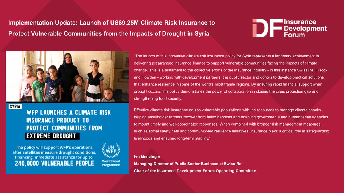 The Insurance Development Forum has launched a US$9.25 million macroinsurance policy for Syria that will trigger a payout in the event of a drought in strategic food production areas.

Read more: insdevforum.org/knowledge/idf-…

#Insurance #InsuranceNews #ClimateRisk