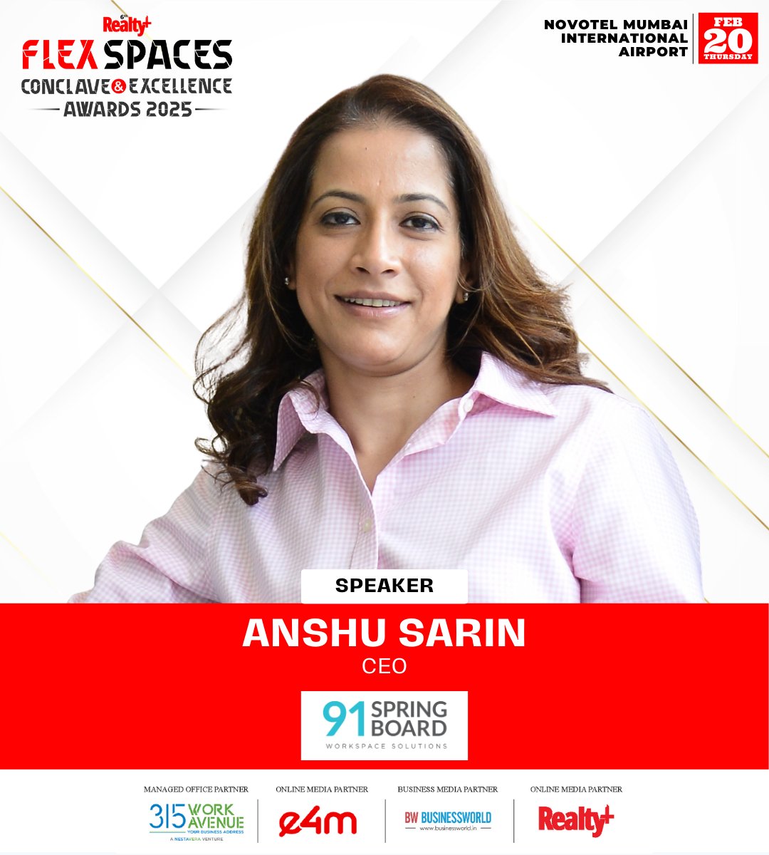 RPRealtyPlus's tweet image. 🌟 Celebrating the Visionaries of #FlexSpaces!🌟

Join us in for an exclusive panel with Anshu Sarin, CEO, #91springboard, as she shares her insights @ 6th Realty+ Flex Spaces Conclave 2025!🏆

📅 20th Feb.
📍 Novotel Mumbai Intl Airport

📌 #RSVP now ➡️ bit.ly/4eAXFWf