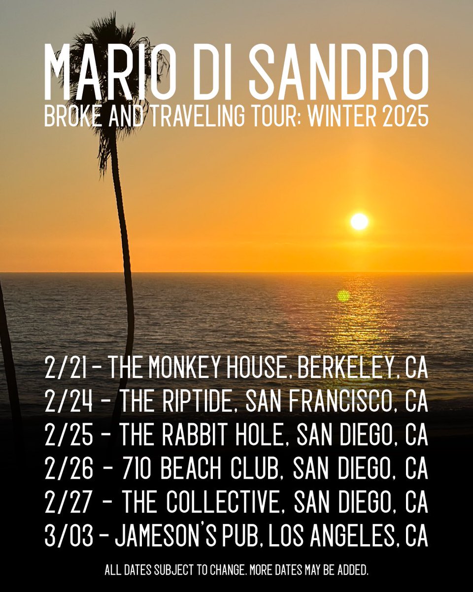 LastChivalrist's tweet photo. Broke and Traveling Tour: Winter 2025

2/21 - The Monkey House, Berkeley, CA 
2/24 - The Riptide, San Francisco, CA
2/25 - The Rabbit Hole, San Diego, CA
2/26 - 710 Beach Club, San Diego, CA
2/27 - The Collective, San Diego, CA
3/03 - Jameson’s Pub, Los Angeles, CA https://t.co/97ZWhYTSVq