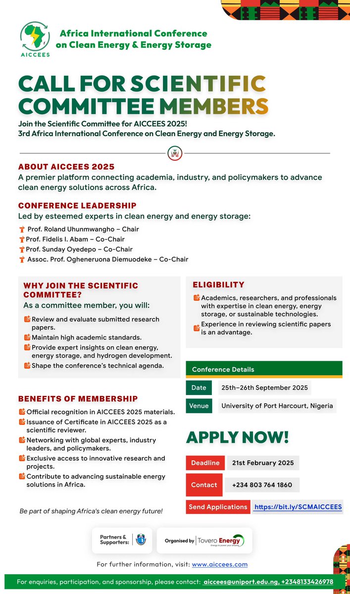 𝗔𝗿𝗲 𝘆𝗼𝘂 𝗮 𝗰𝗹𝗲𝗮𝗻 𝗲𝗻𝗲𝗿𝗴𝘆 𝗲𝘅𝗽𝗲𝗿𝘁 𝗼𝗿 𝗿𝗲𝘀𝗲𝗮𝗿𝗰𝗵𝗲𝗿?
This is your chance to review papers and be part of the Africa International Conference on Clean Energy &amp; Energy Storage (AICCEES) 2025!
To register visit: bit.ly/SCMAICCEES

#AICCEES2025