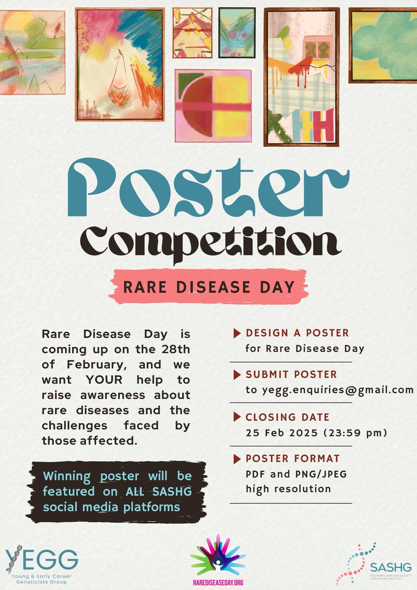 SAHumanGenetics's tweet image. Rare Disease Day Poster Competition! 🧬💜

Design an impactful awareness poster &amp;amp; make rare diseases visible! 🌍✨

🗓 Deadline: Midnight, 25 Feb 2025
🏆 Top design gets featured!
Enter now &amp;amp; show your support! 
#RareDiseaseDay #PosterCompetition #MakeRareVisible #SASHG #YEGG