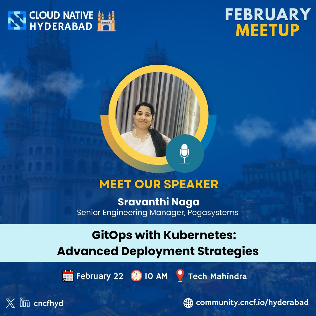 cncfhyd's tweet image. 🚀 Speaker Announcement

@SravanthiNNC, Senior Engineering Manager at Pegasystems will deliver a session on GitOps with Kubernetes &amp;amp; Advanced Deployment Strategies.

📅 Feb 22, 2025 
📍 Tech Mahindra, Hyderabad
🔗 community.cncf.io/e/mykgxk/

#GitOps #CNCFHyderabad