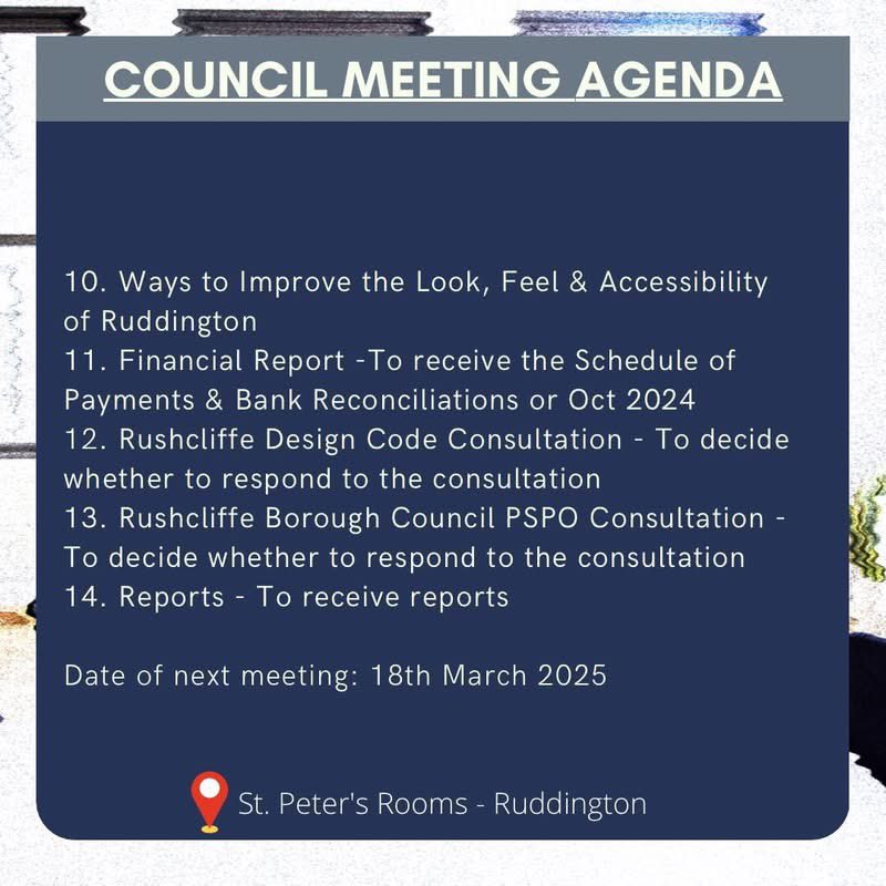 Ruddington Village (@ruddington_info) on Twitter photo EVENT: TUE 18th FEB 🗓️
<a href="/RuddingtonPC/">Ruddington Parish Council</a> says a slimline agenda means lots of opportunity for discussion! In particular, <a href="/Rushcliffe/">Rushcliffe Borough Council</a>’s Design Code consultation, how that effects #Ruddington in the future and our ability to have a say. All welcome tonight, St Peter’s Rooms, 7:30pm.🗣️ EVENT: TUE 18th FEB 🗓️
<a href="/RuddingtonPC/">Ruddington Parish Council</a> says a slimline agenda means lots of opportunity for discussion! In particular, <a href="/Rushcliffe/">Rushcliffe Borough Council</a>’s Design Code consultation, how that effects #Ruddington in the future and our ability to have a say. All welcome tonight, St Peter’s Rooms, 7:30pm.🗣️