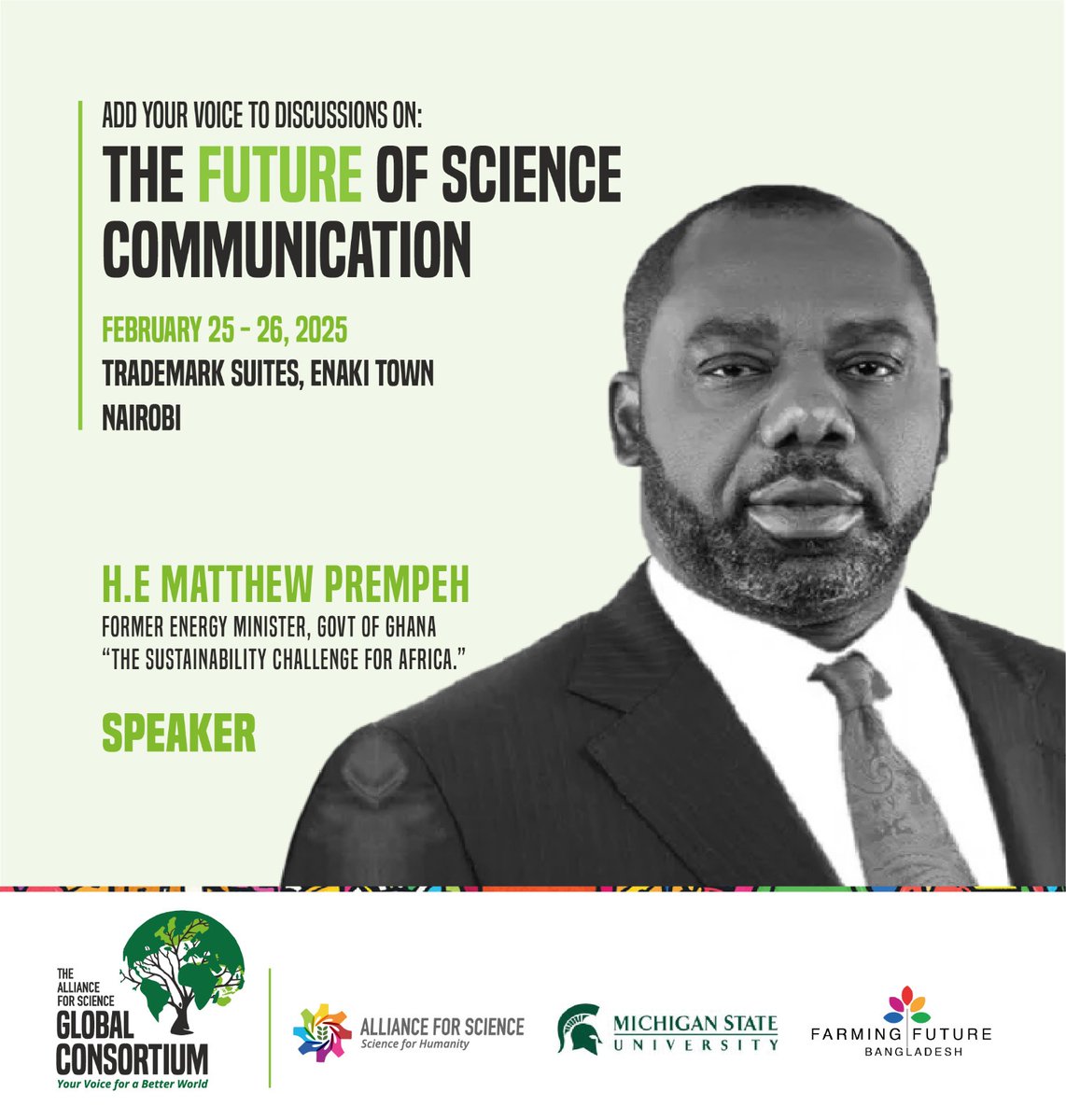 Alliance for Science (@scienceally) on Twitter photo Join <a href="/MatthewOPrempeh/">Dr. Matthew Opoku Prempeh</a> , Former Energy Minister of Ghana, as he takes the stage at The Future of Science Communication to explore "The Sustainability Challenge for Africa." The future starts now—are you ready? #ScienceForHumanity #FutureofScience <a href="/SheilaAfrica/">Dr. Sheila Obim (formerly Ochugboju)</a> <a href="/TunjiLardner/">Tunji Lardner</a> Join <a href="/MatthewOPrempeh/">Dr. Matthew Opoku Prempeh</a> , Former Energy Minister of Ghana, as he takes the stage at The Future of Science Communication to explore "The Sustainability Challenge for Africa." The future starts now—are you ready? #ScienceForHumanity #FutureofScience <a href="/SheilaAfrica/">Dr. Sheila Obim (formerly Ochugboju)</a> <a href="/TunjiLardner/">Tunji Lardner</a>